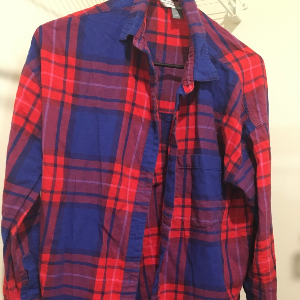 Red and Blue Plaid Boyfriend Fit Button Up/Down